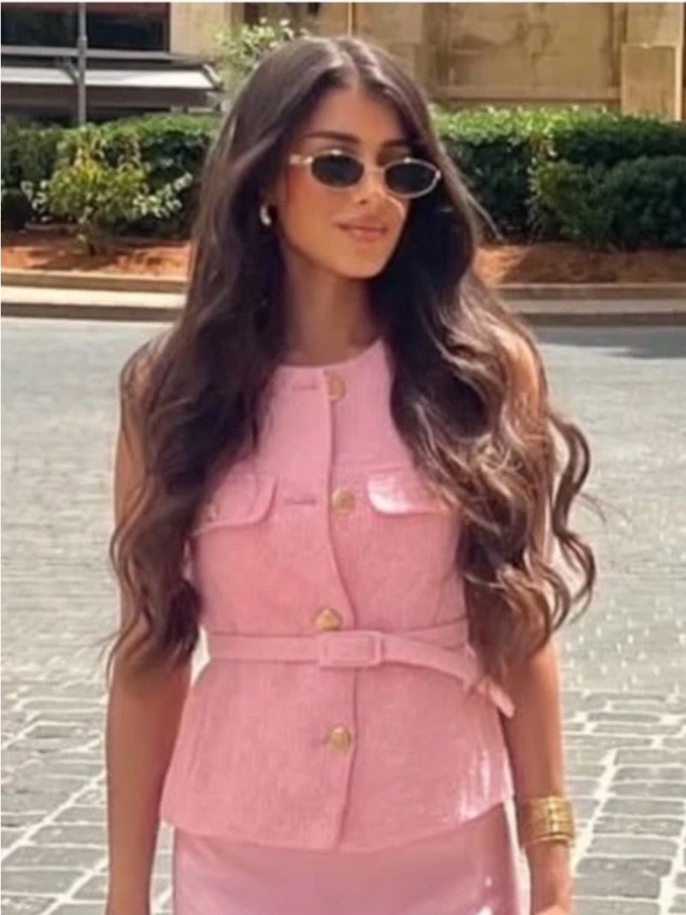 Zara Pink Tweed Vest Jacket with Gold Buttons and Belt
